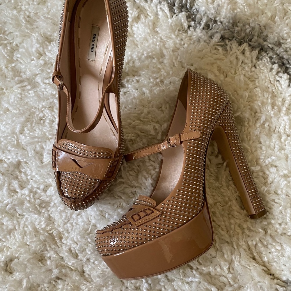 Miu Miu Nude Patent studded Mary Janes